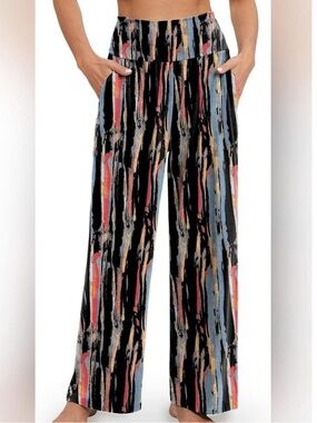 High-Rise Wide-Leg Pants in Black Multi Brushstroke